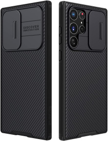 Луксозен твърд гръб със силиконова рамка Nillkin Cam Shield Pro за Samsung Galaxy S22 Ultra 5G S908 черен 